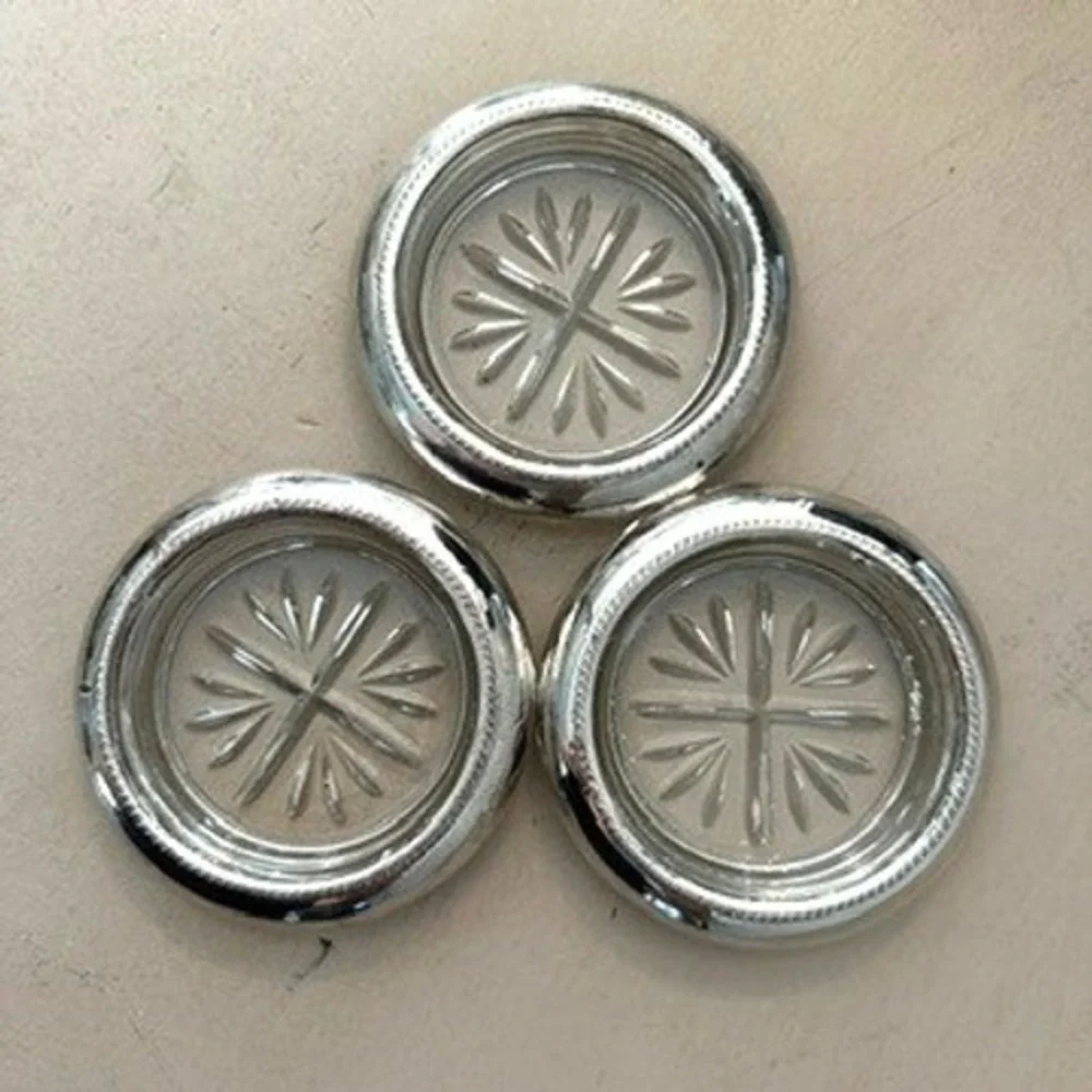 Vintage Barware Hollywood Regency Starburst Silver Tone Glass Coaster Set of 3